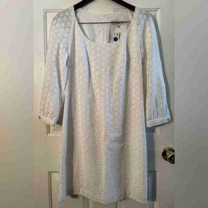 TRINA TURK Sz 6 NWT RARE! White Eyelet Lace Lined Sheath Dress 3/4 Button Sleeve